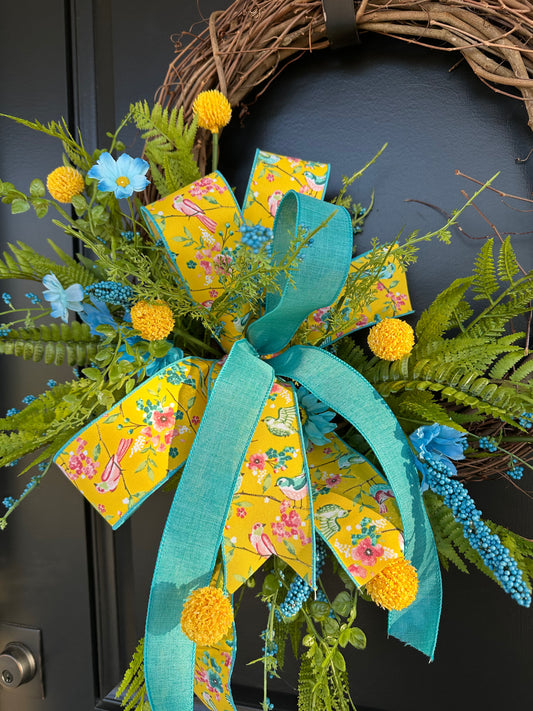 Bluebird Garden Spring Wreath | Yellow Floral Bird Ribbon Grapevine Door Wreath