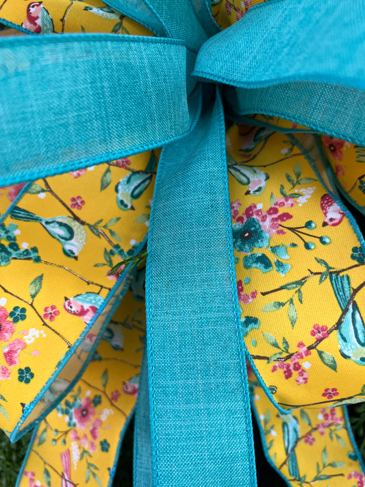 Bluebird Garden Bead Grass Wreath | Spring Greenery Door Wreath with Yellow Floral Ribbon