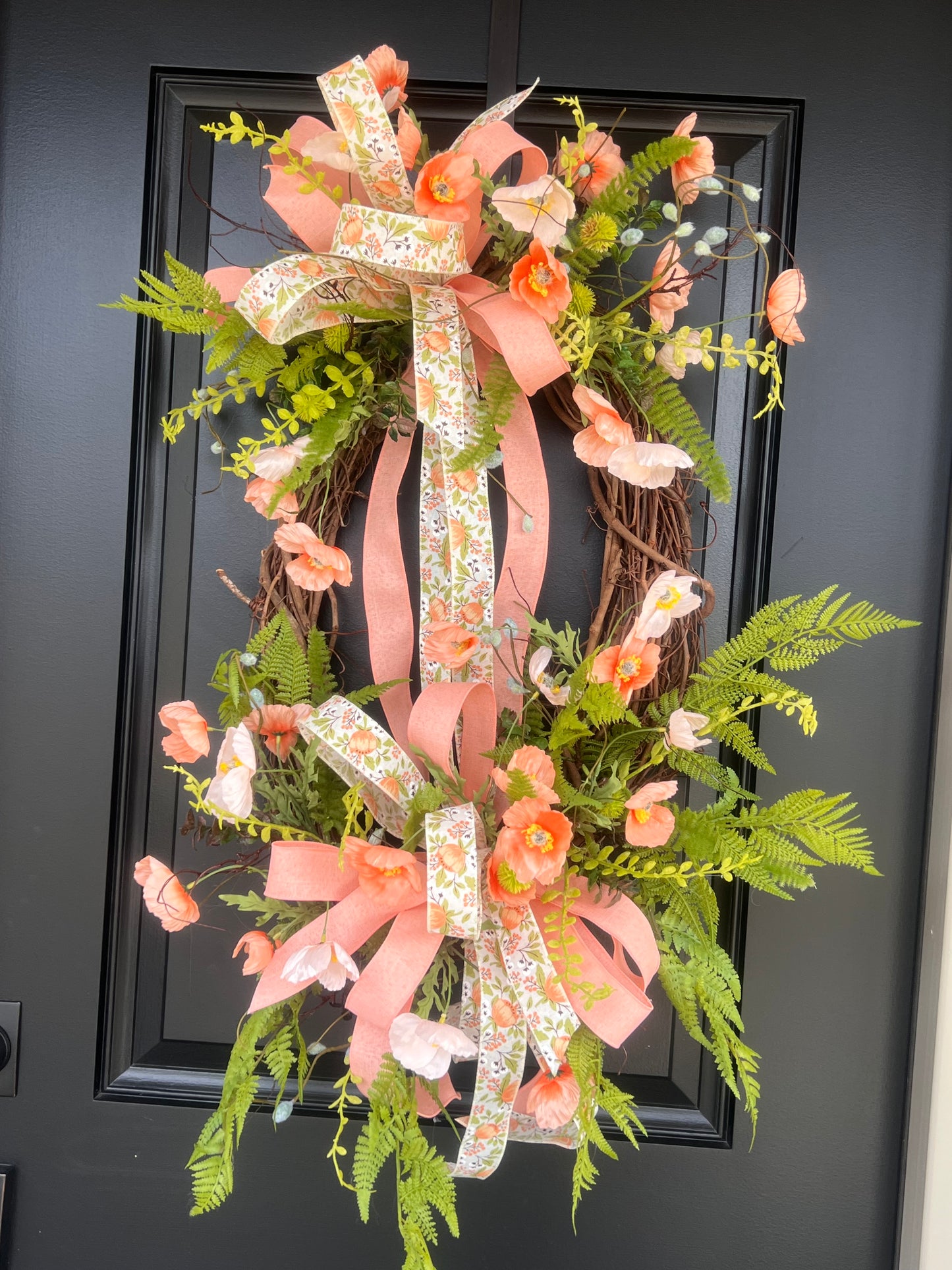 Peach Garden Spring Wreath | Oval Grapevine Spring Door Wreath