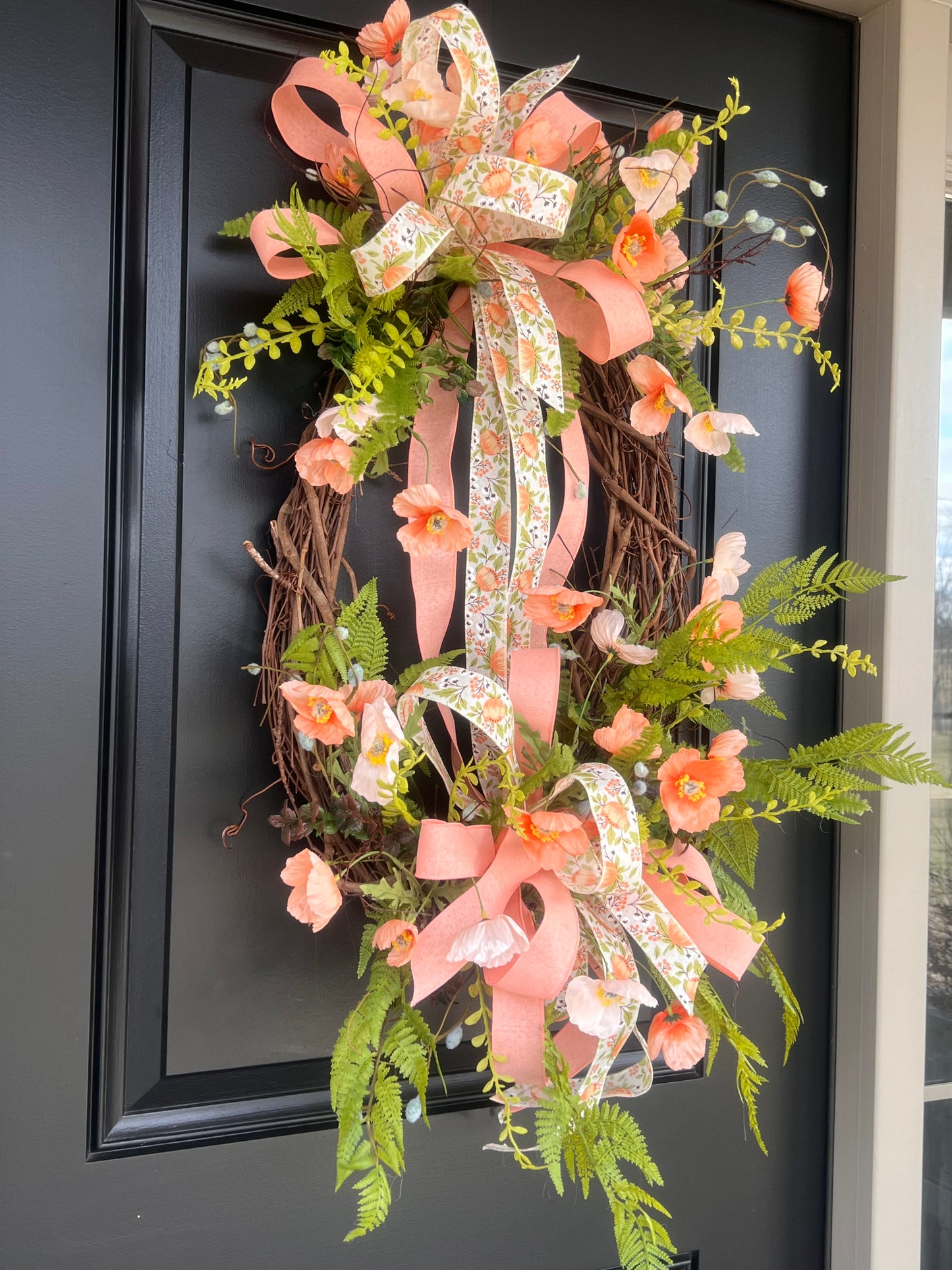 Peach Garden Spring Wreath | Oval Grapevine Spring Door Wreath
