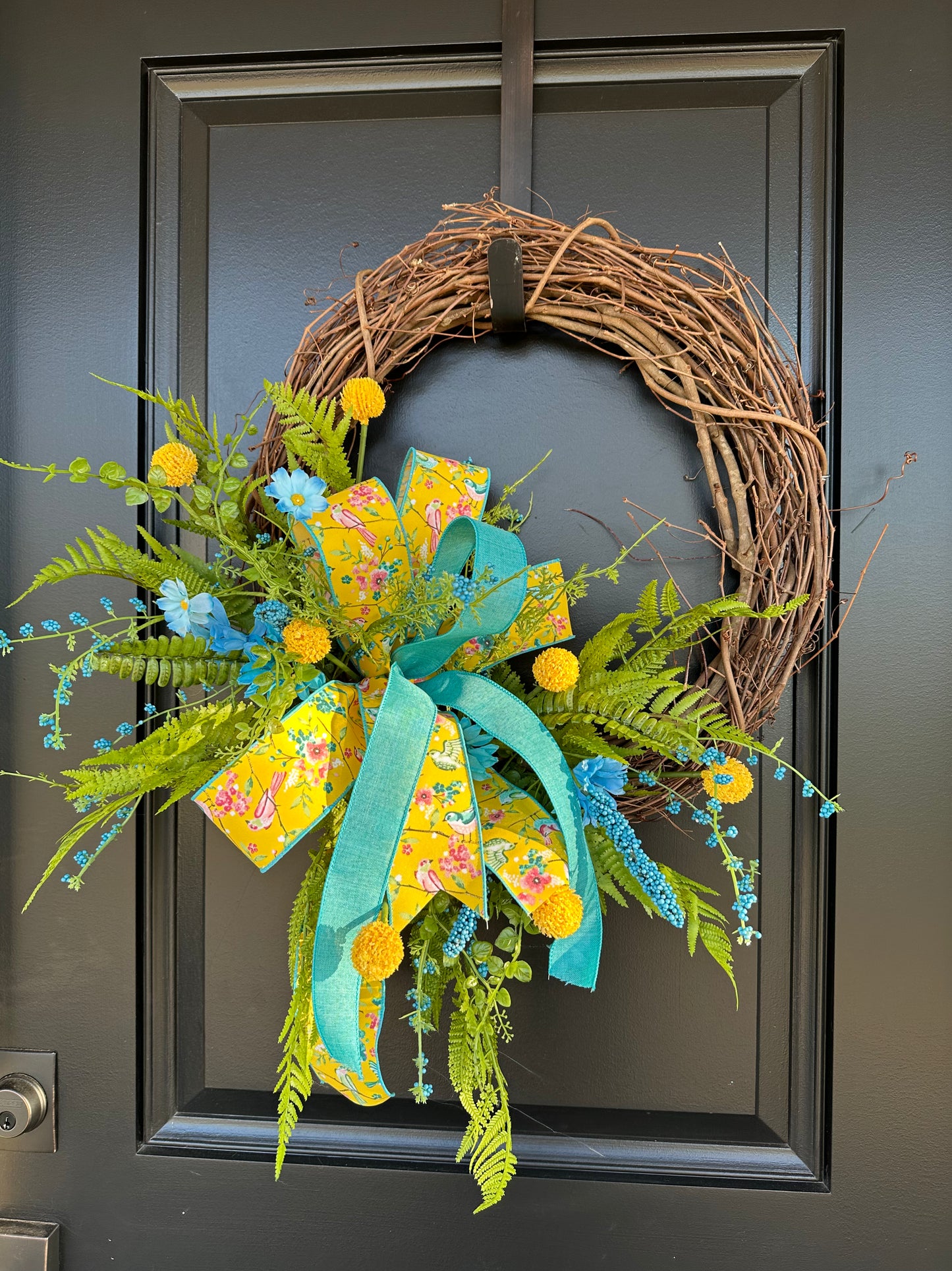 Bluebird Garden Spring Wreath | Yellow Floral Bird Ribbon Grapevine Door Wreath