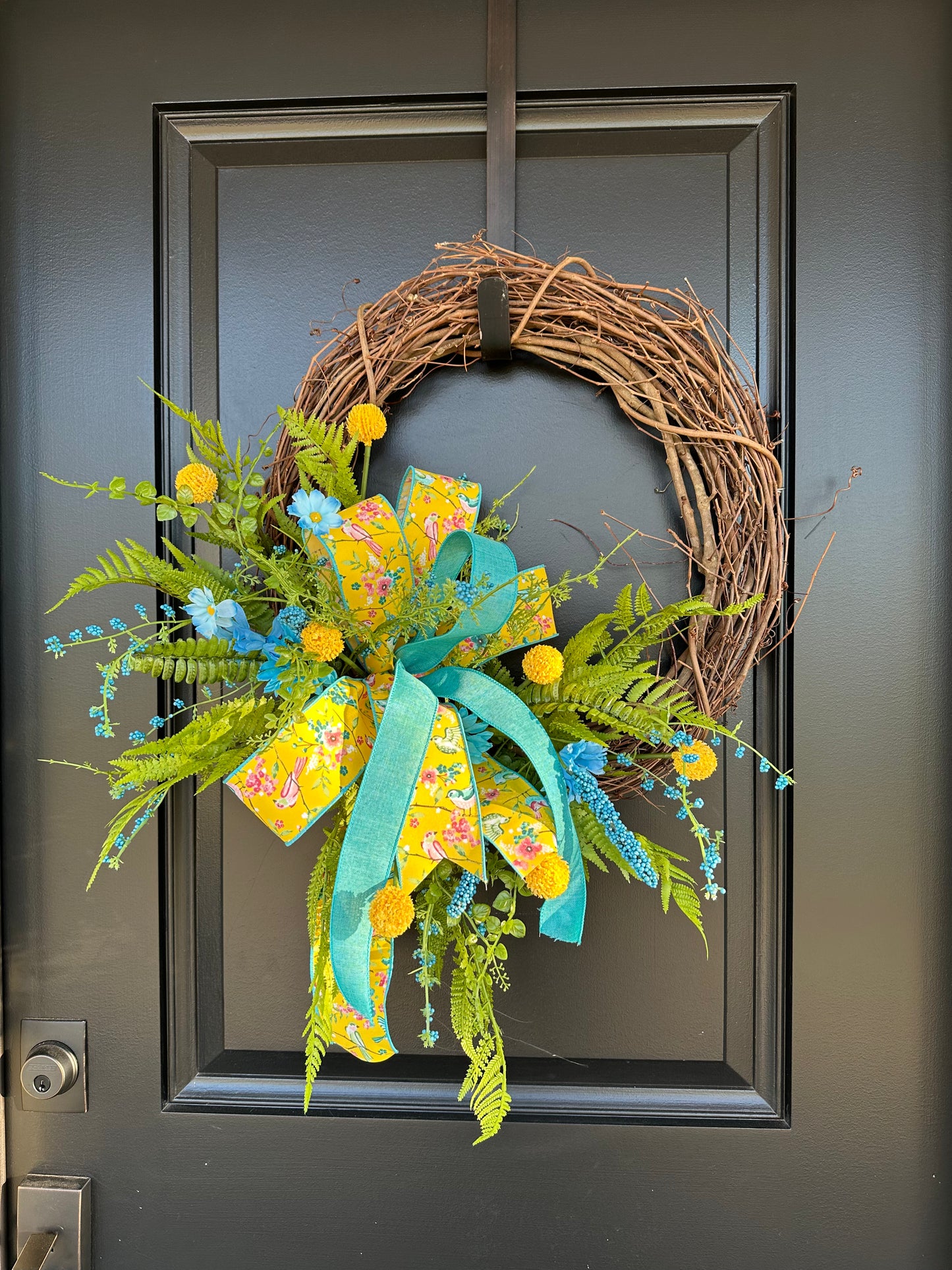 Bluebird Garden Spring Wreath | Yellow Floral Bird Ribbon Grapevine Door Wreath