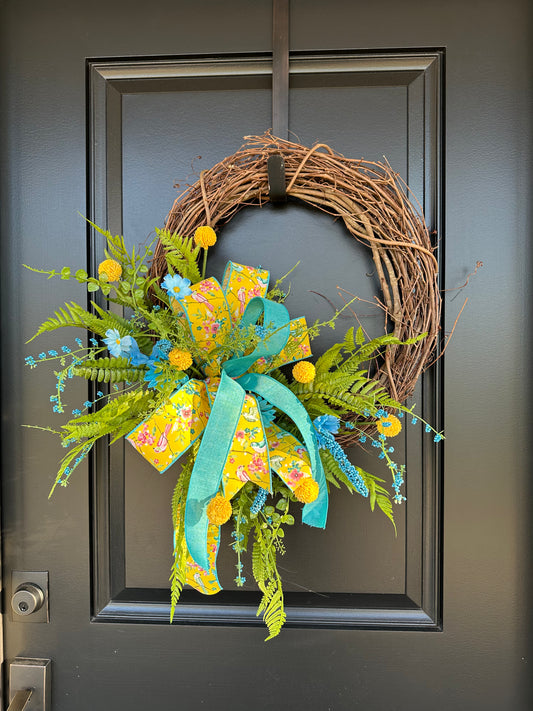 Bluebird Garden Spring Wreath | Yellow Floral Bird Ribbon Grapevine Door Wreath
