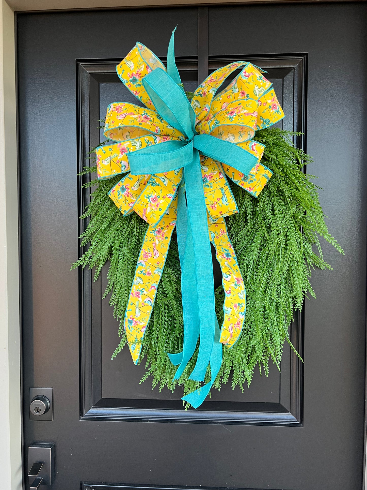 Bluebird Garden Bead Grass Wreath | Spring Greenery Door Wreath with Yellow Floral Ribbon