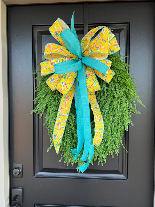 Bluebird Garden Bead Grass Wreath | Spring Greenery Door Wreath with Yellow Floral Ribbon