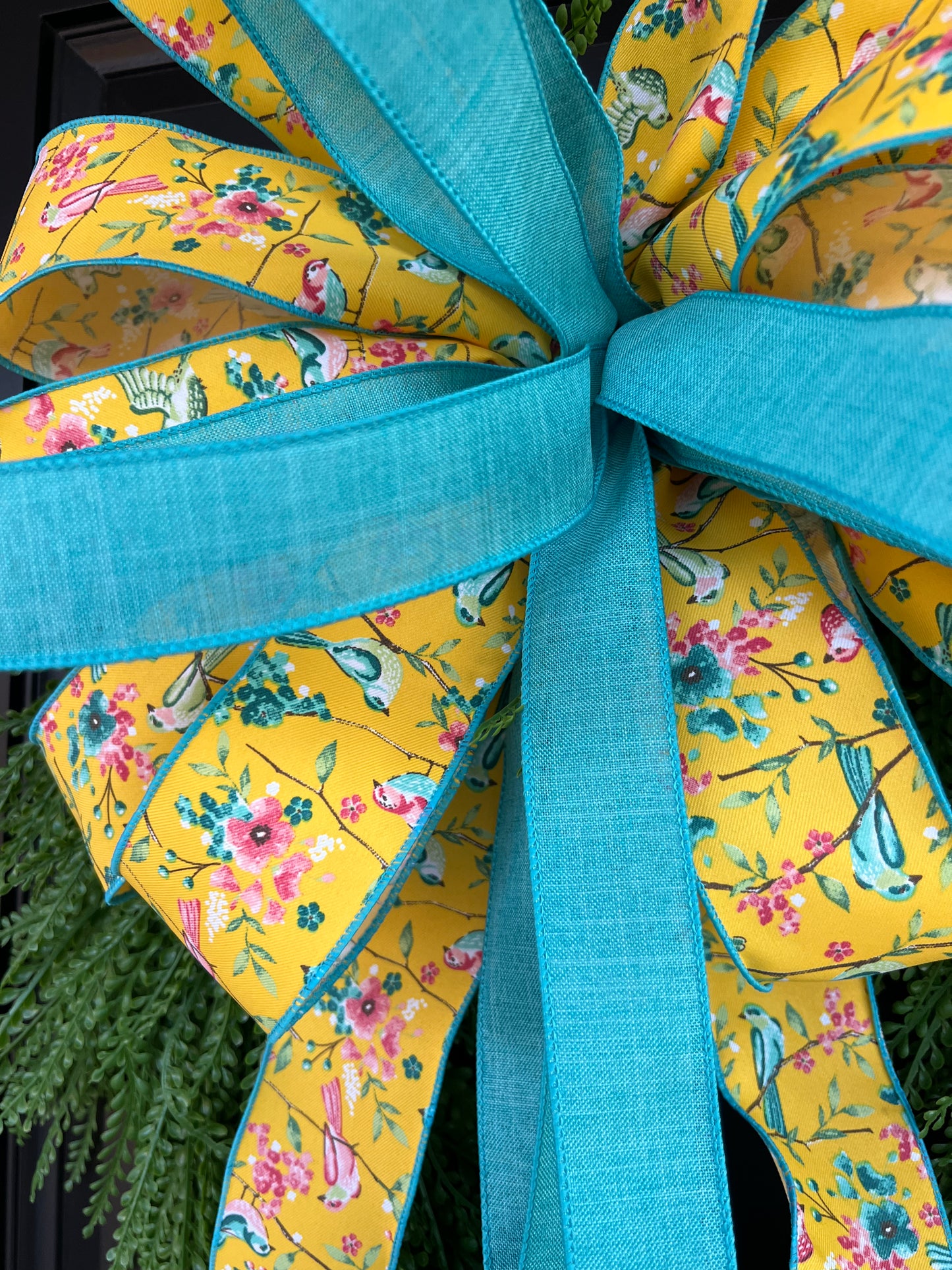 Bluebird Garden Bead Grass Wreath | Spring Greenery Door Wreath with Yellow Floral Ribbon