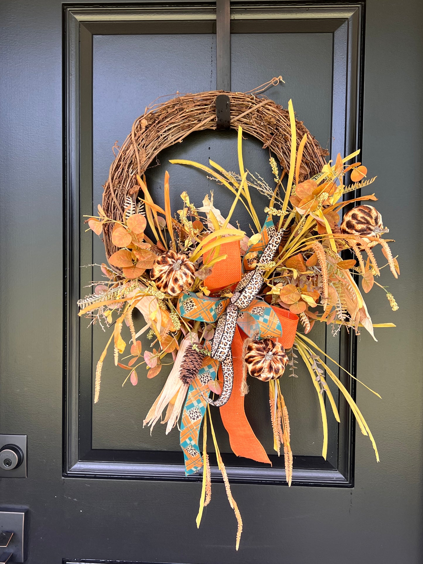 Leopard Pumpkin Fall Wreath | Orange & Teal Grapevine Wreath