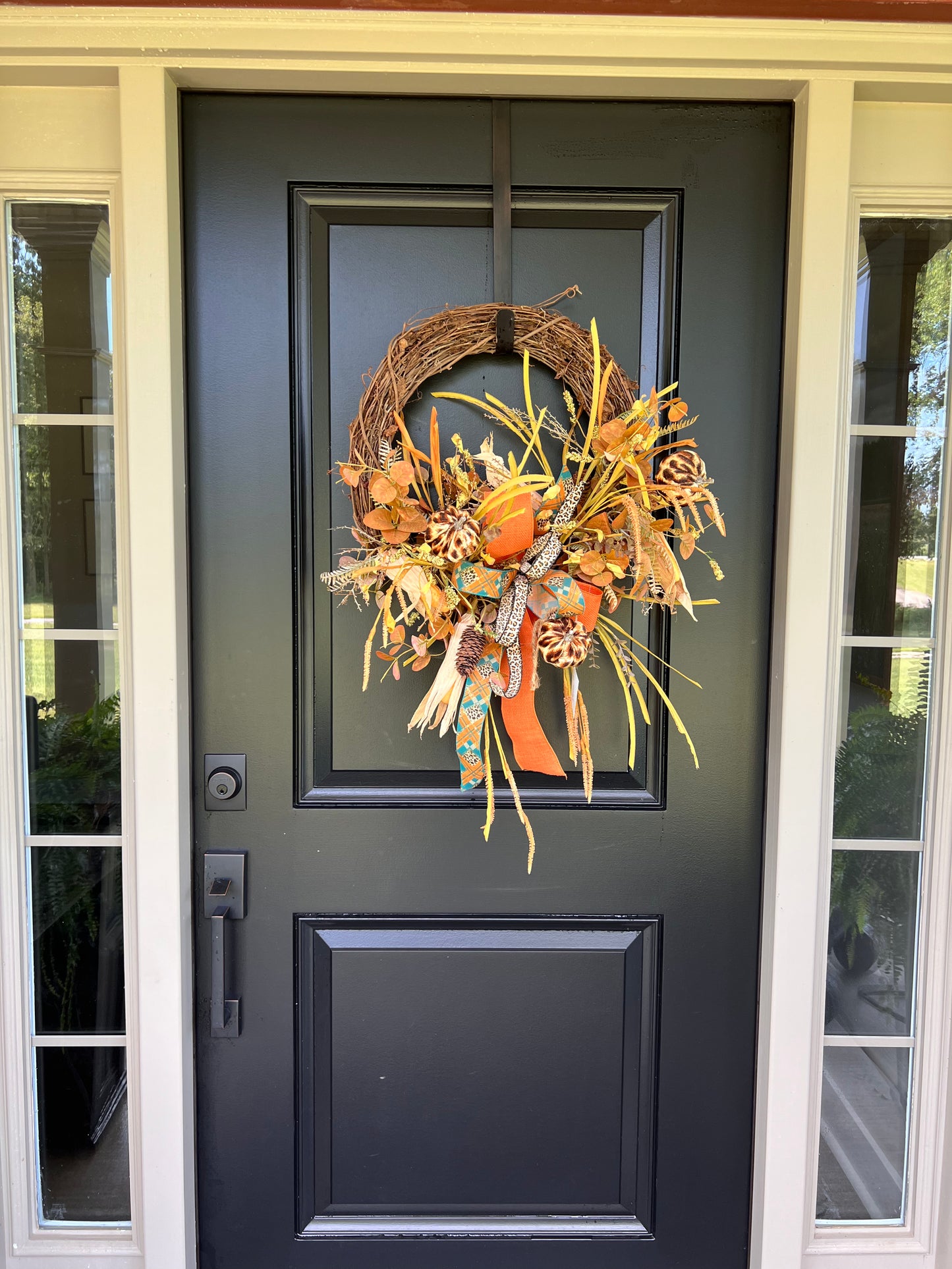 Leopard Pumpkin Fall Wreath | Orange & Teal Grapevine Wreath
