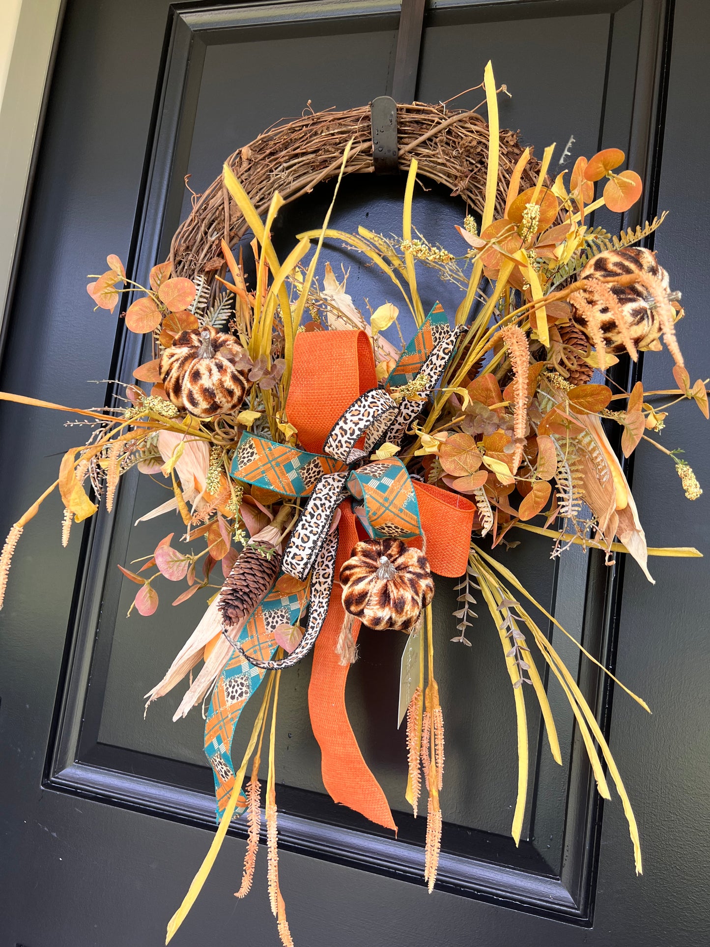Leopard Pumpkin Fall Wreath | Orange & Teal Grapevine Wreath