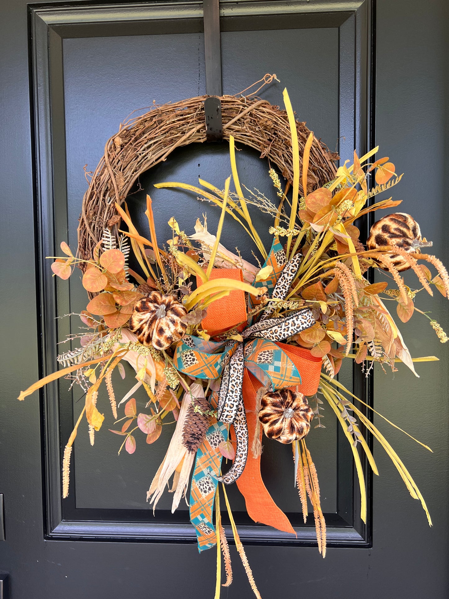Leopard Pumpkin Fall Wreath | Orange & Teal Grapevine Wreath