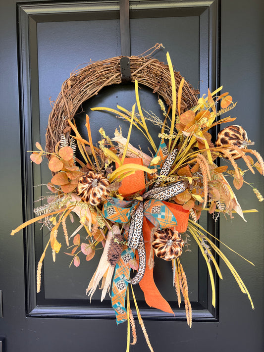 Leopard Pumpkin Fall Wreath | Orange & Teal Grapevine Wreath
