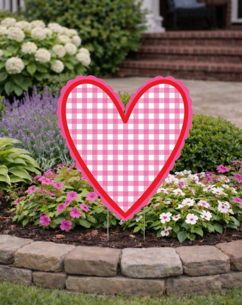 Pink Gingham Heart Yard Sign with Scalloped Red Edge | 20x20 Valentine’s Décor