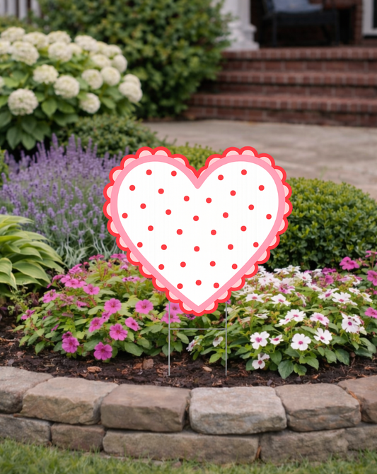 Red & White Polka Dot Heart Yard Sign with Scalloped Edge | 20x20 Valentine’s Décor