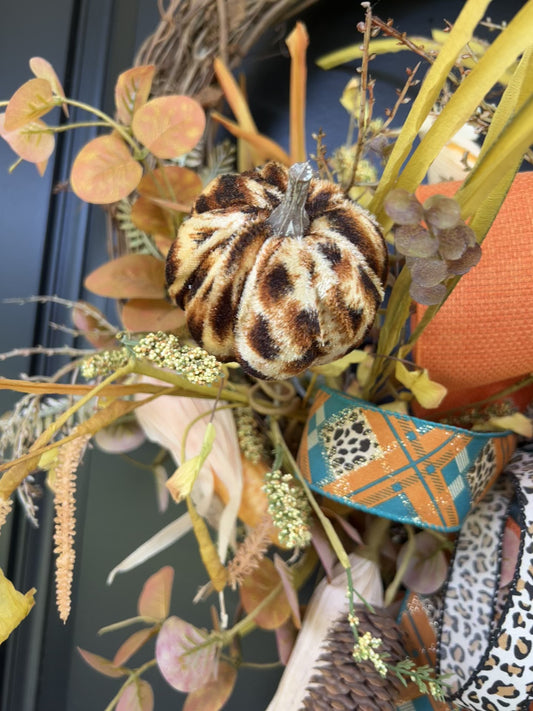 Leopard Pumpkin Fall Wreath | Orange & Teal Grapevine Wreath